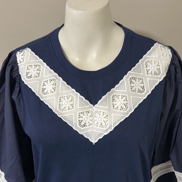 Tanya Taylor Kristie Mini Dress in Navy Blue and White Lace Poplin Sz M NEW - Picture 5 of 16